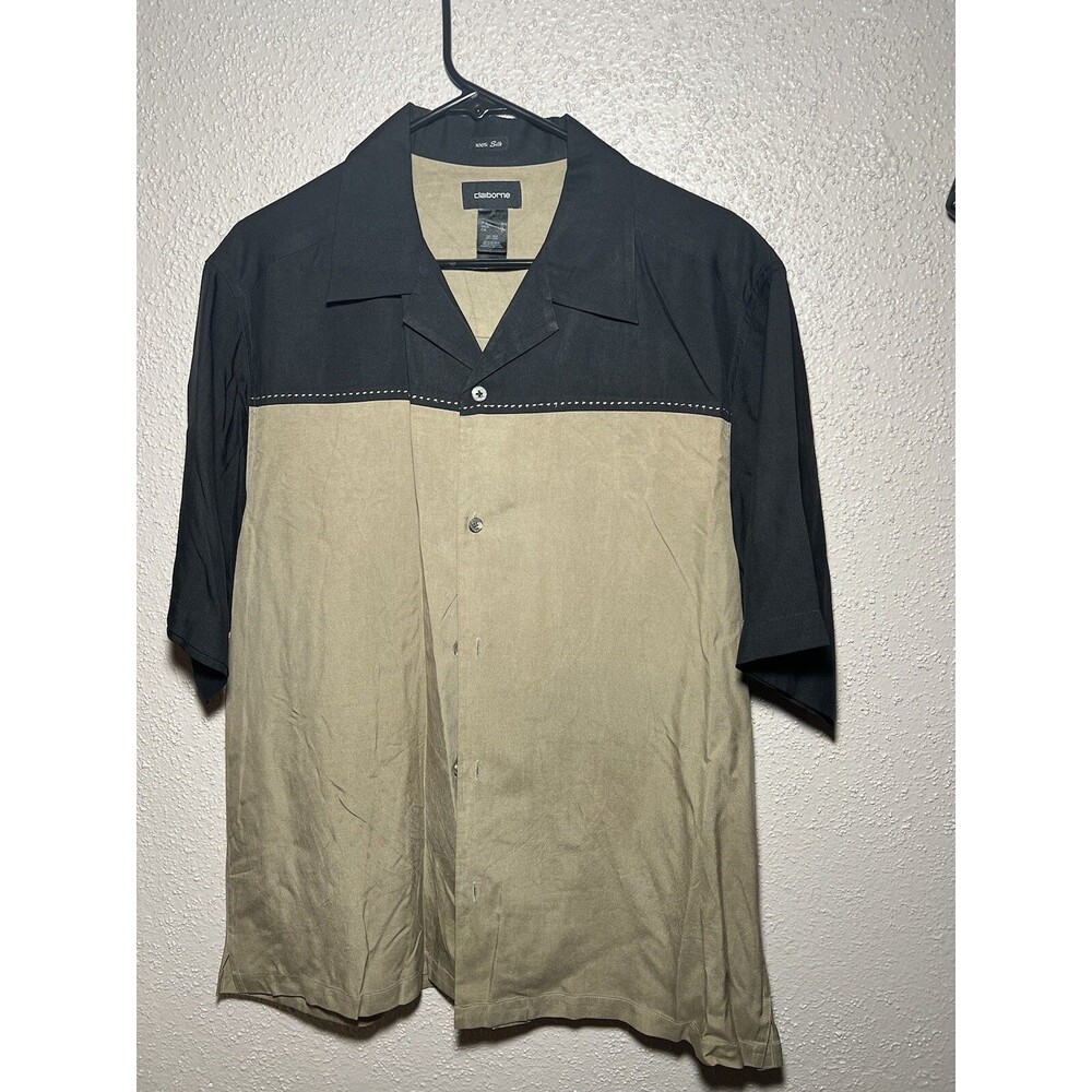 Claiborne Men's 100% Silk Hawaiian Shirt Button Black Large